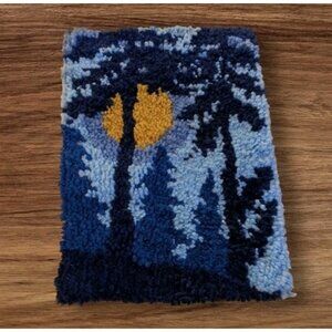 Shag Latch Hook Rug Wall Hanging Art Moon Trees Blue 70s Kitschy Night Moody Vtg
